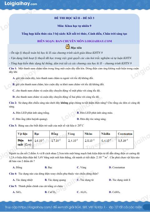 Đề thi học kì 2 KHTN 9 Cánh diều - Đề số 3